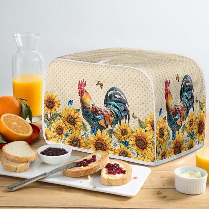 Rooster Sunflower Print Toaster Cover - Dustproof & Waterproof 2 Slice Small Appliance Cover
