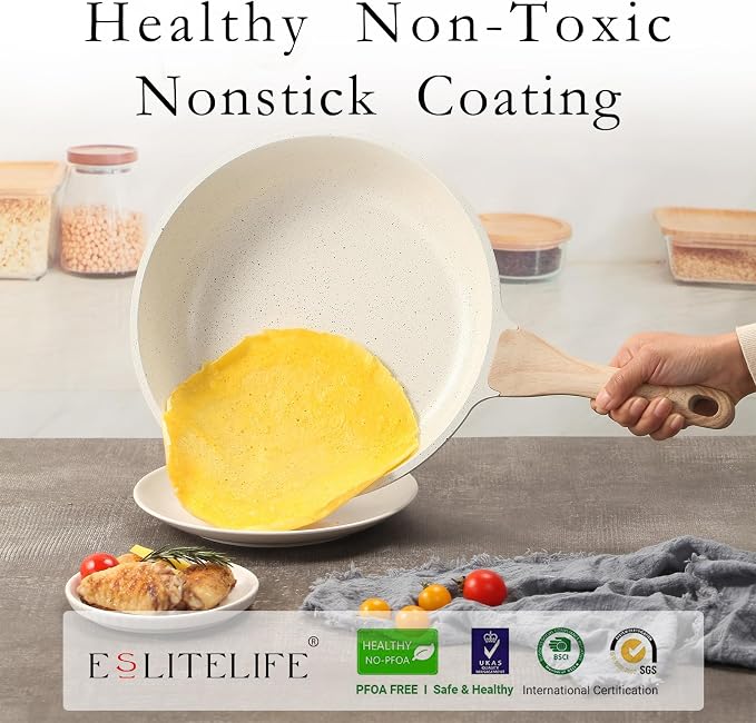 ESLITE LIFE Nonstick Ceramic Frying Pan Skillet, Non-Toxic Egg Omelette Kitchen Cooking Pans Compatible with All Stovetops (Gas, Electric & Induction), PTFE & PFOA Free (White, 9.5'')