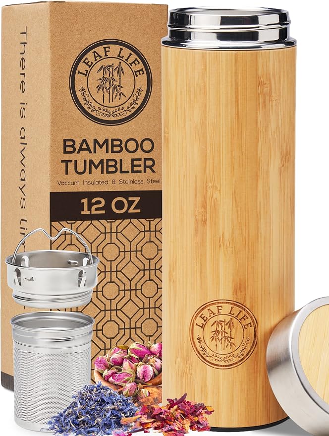 LeafLife Premium Bamboo Tea Tumbler with Infuser for Loose Leaf Tea | Insulated Coffee Bottle, Stainless Steel Gift Set, Leakproof Travel Mug, 12oz