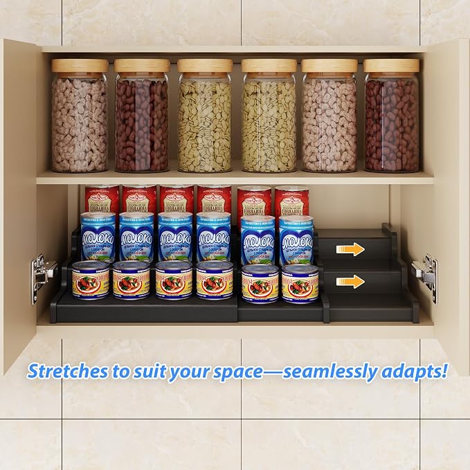 3-Tier Expandable Bamboo Can Organizer for Pantry, Holds 24 Cans, Black | Adjustable Can Storage Rack for Pantry, Can Holder for Kitchen Cabinets, Canned Food Soda Organizer, Black (Patent Pending)