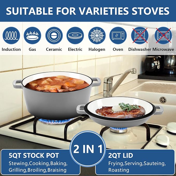 E-far 5 Quart Enameled Cast Iron Dutch Oven, 2 in 1 Dutch Oven Pot with Skillet Lid and Silicone Bread Sling, Ideal for Bread Baking, Cooking, Stewing, Frying, Induction & Oven Safe - Grey