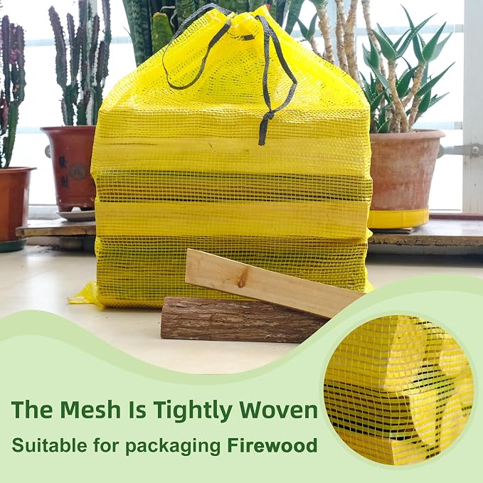 Mesh Firewood Bags 22"×24" Crawfish Sacks, Firewood Bags for Selling, Onion Bag Storage Potato Sacks Mesh Wood Bag Bulk, Yellow (Pack of 10)