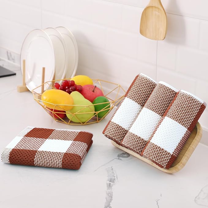 Homaxy Kitchen Towels and Dishcloths Set, Set of 10, White & Rust | Bulk Cotton Waffle Weave Check Plaid Kitchen Towels, Super Soft and Absorbent Dish Cloths, 12 x 12 and 13 x 28 Inches