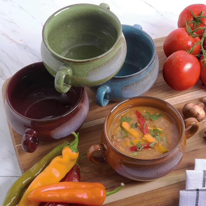 Stoneware 24oz Reactive Glaze Soup Crocks Set of 4: Perfect for soups, stews, and casseroles. Unique reactive glaze, oven-safe, microwave- and dishwasher-friendly with easy-grip handles for serving.