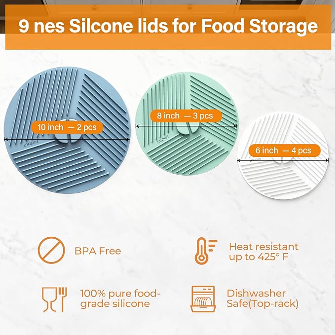 Silicone Lids for Bowls,Pot Holders - 9-Pack Kitchen hot Pads & Microwave Splatter Cover Food Storage Universal Multi-Use Lid & Trivet Mats for Pans,Plates,Cups Heat Resistant Dishwasher Safe