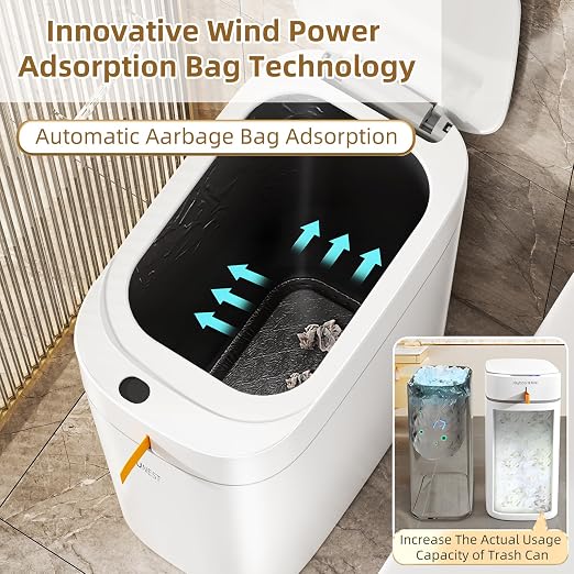 3.5 Gal Rechargeable Motion Sensor Bathroom Trash Can with Lid, Bag Suction | Water-resistant design, automatic liner suction and hands-free opening for bathrooms, bedrooms, kitchens and offices