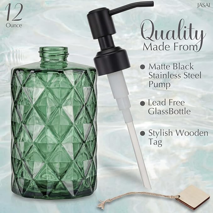 JASAI Forest Green Glass Soap Dispenser with Black Rustproof Pump | Refillable Small Soap Dispenser for Kitchen and Bathroom.