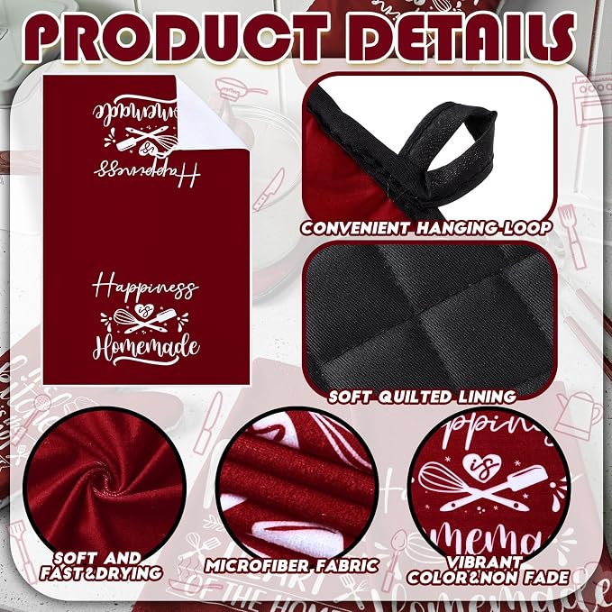 Sratte 6 Pcs Kitchen Decor Accessories Set, Kitchen, Wine Red | Farmhouse Kitchen Towels Pot Holders Oven Mitts Set 2 Dish Towels 2 Potholders 2 Cooking Mittens for Baking Cooking Supply
