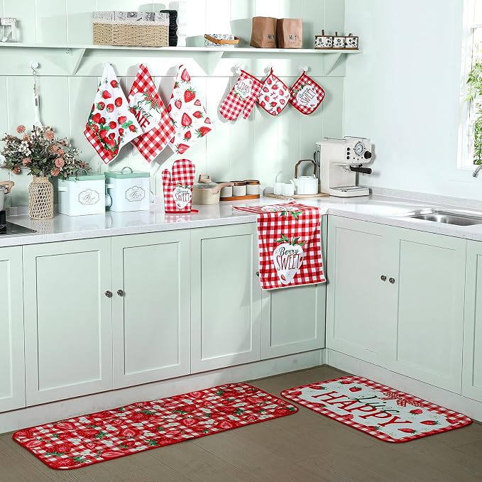 Fourluoo 10 Pcs Strawberry Kitchen Dish Towels Rugs Oven Mitts and Pot Holders Set Farmhouse Kitchen Decor Set for Women Mom Daughter Gift Cooking Baking Grilling (Red and White)
