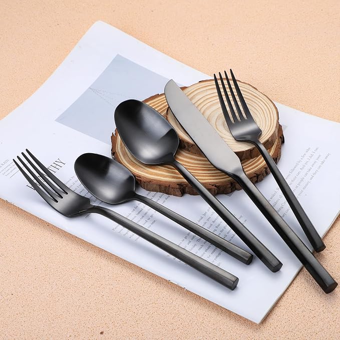 Matte Silverware Set Black Flatware Set with Hexagon Handle 20 Pieces 18/0 Stainless Steel Cutlery Set Wedding Housewarming Gift Service for 4 (Matt black)