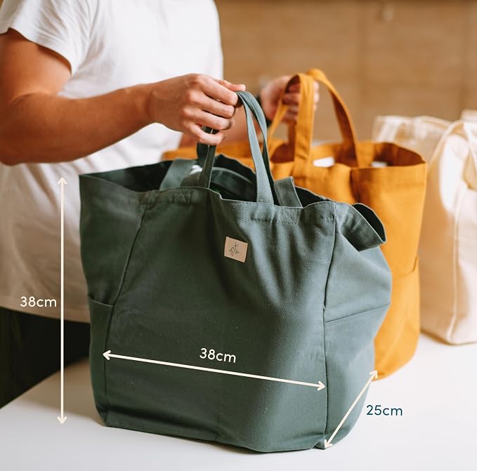 Nook Theory 3-Pack Reusable Grocery Bags - Heavy Duty, Large 12 Oz Cotton Canvas Reusable Shopping Bags With Pockets, 100% Cotton Cloth Grocery Totes, Foldable Multi Compartment (Sand)