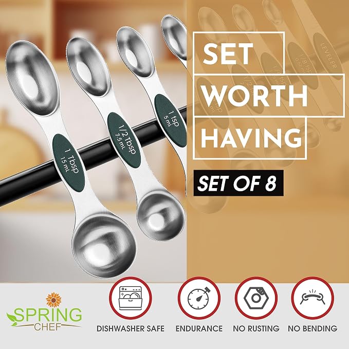 Spring Chef Stainless Steel Magnetic Measuring Spoons Set of 8, Pine Green | Nesting Metal Teaspoon & Tablespoon Measuring Spoons with Leveler for Dry & Liquid Ingredients, Dual Sided, Dishwasher Safe