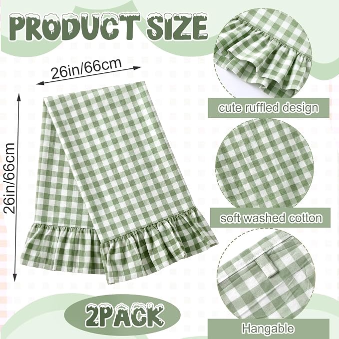 HunnmingRe 2 Pcs Green Gingham Kitchen Towels Cotton Ruffled | Checked Dish Towels 18"x28" Tea Cloths Plaid Cottage Core Kitchen Decor for Farmhouse Charm Drying Dishes Entertaining Guests