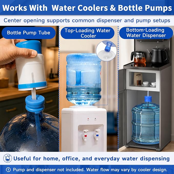 3 & 5 Gallon Water Jug Caps, 6 Pack, Fits 55mm Openings, Non-Spill Lids | 2-5 Gal Bottles, Reusable Silicone Water Bottle Caps, Refill Transport, Water Cooler Use, Bottle Pump Use, Side Pull Tabs