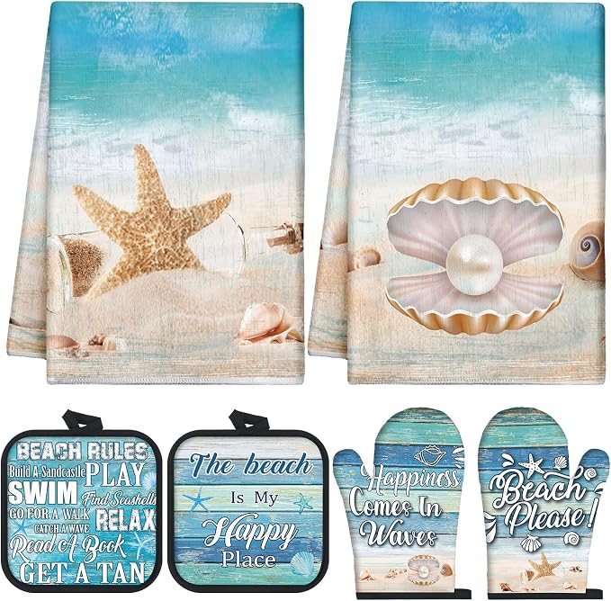 Mindsoft 6 Pcs Summer Beach Kitchen Towels Pot Holders Oven Mitts Set Island Decorations for Kitchen Include Coastal Dish Towel Beachy Rustic Oven Gloves Pot Holders for Christmas House Gifts