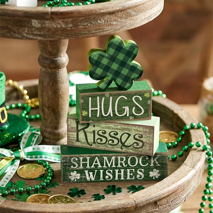 Lineshading 4 Pcs Shamrock Wooden Block Signs for Tiered Tray Home Decor | Rustic Farmhouse Table Ornaments, Buffalo Plaid Clover Topper, Stacked Signs Hugs Kisses Shamrock Wishes, St Patrick Decor