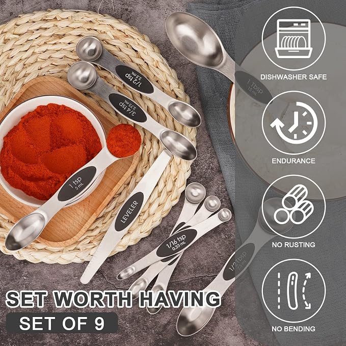 Aovchei 9 PCS Black Magnetic Measuring Spoons Set | Dual Sided, Stainless Steel Small Tablespoon, Teaspoons, Fits in Spice Jars, for Dry and Liquid