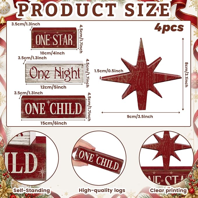 Lineshading 4 Pcs Christmas Nativity Table Decor, Bethlehem Star Wood Sign | Red Rustic Christmas Tiered Tray Decor, Nativity Wood Stacked Sign, Tray Kitchen Shelf Home Decor, Holiday Centerpiece