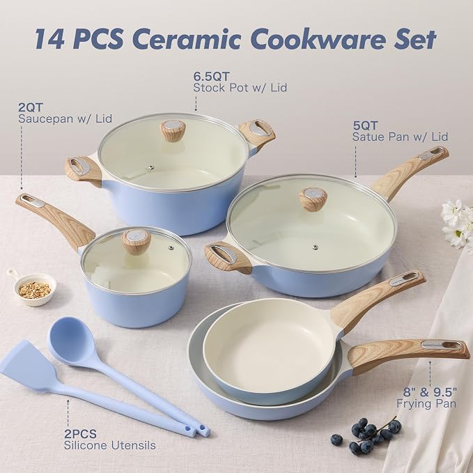 SENSARTE Ceramic Pots and Pans Set Nonstick, Kitchen Cookware Sets, 14-Piece Induction Cookware, Non-toxic Healthy Non Stick Cooking Set, with Frying Pans Set, PFAS PTFE PFOA PFOS Free
