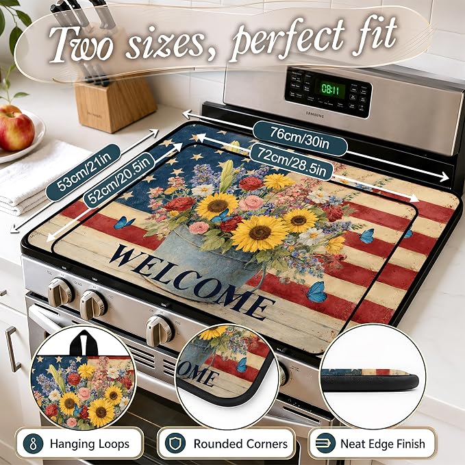 Patriotic Electric Stove Top Cover, Heat Resistant Glass Cooktop Protector for Kitchen Ceramic Countertops, Multiuse Stove Cover and Dish Drying Mat