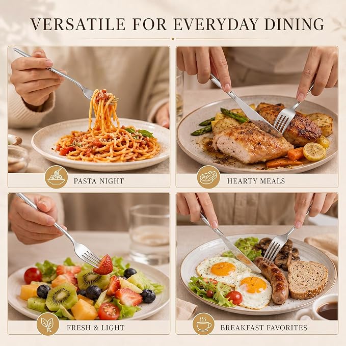 Nuenen 100 Pieces Stainless Steel forks and knives Dinner Flatware Set Tableware Cutlery for Butter Kitchen Restaurant, Dishwasher Safe (Silver,8.8 Inches，8.4 Inches,Portugal)