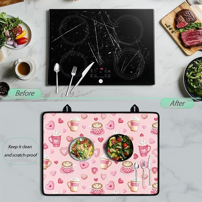 Valentine's Coffee Stovetop Covers for Electric Stove Heart Resistant Oven Mat Anti-scald Kitchen Countertop Cover Non-Slip Kitchen Counter Protector Pad 30"x21" Valentine's Decor
