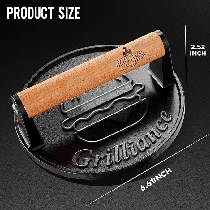 Grilliance Smash Burger Press Kit, Cast Iron Flat Round Hamburger Smasher 6.6" | Heavy Duty Burger with Wooden Handle ,Grill Press for Blackstone Griddle, Skillet, Flattop Grill Cooking