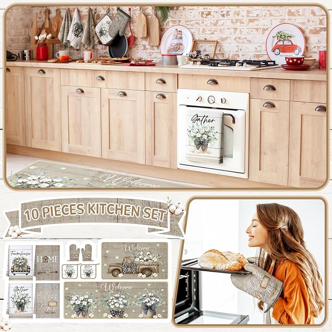 Fourluoo 10 Pcs Farmhouse Eucalyptus Leaves Kitchen Decor Set Bless Our Home Towels Rugs Oven Mitts and Pot Holders Set for Cooking Baking Grilling Gift