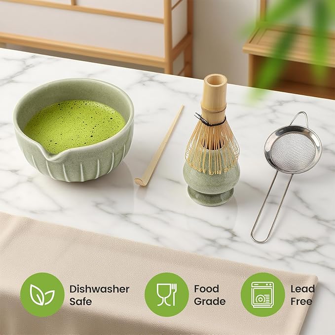 Matcha Whisk Set, Japanese Tea Set (5pcs) includes Matcha Bowl with Spout (19 oz), Bamboo Whisk, Matcha Scoop, Matcha Whisk Holder (Chasen Holder), Stainless Steel Sifter, Macha Kit