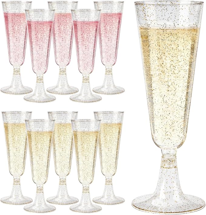 GuanQiao 200 Pack Plastic Champagne Flutes, 5.5 OZ Disposable Plastic Champagne Glasses with Gold Glitter, Wine Glasses Cups for Wedding Celebration Party Wine Tasting New Years Eve Supplies