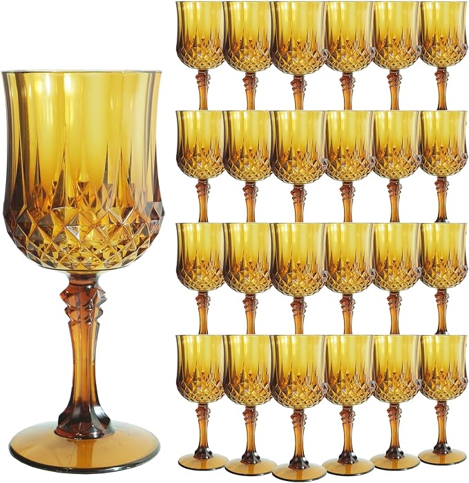24Pack Plastic Wine Glasses, 7oz Vintage Goblets for Wedding | Unbreakable Crystal Style Reusable Stemware, Elegant Amber Drinking Glass for Party Anniversary & Holiday Celebration