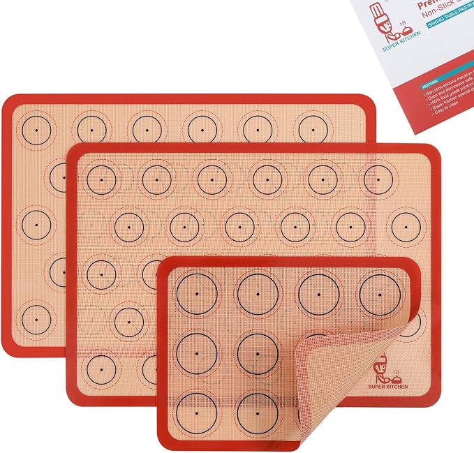 Folksy Super Kitchen Silicone Macaron Baking Mat - Set of 3 | 2 Half Sheet and 1 Quarter Sheet, Non Stick Silicon Oven Liner For Macaroons and Cookies (16.5x11.6, Red)