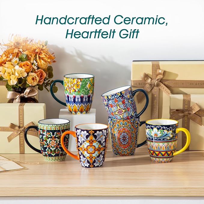 vancasso SIMI 12 oz Coffee Mugs Set of 6, Ceramic Mug with Handle, Boho | Coffee Cups for Latte, Tea, Cappuccino & Hot Chocolate, Easy-Grip Mug, Dishwasher & Microwave Safe, Bohemian Gift Set