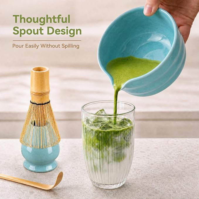 Matcha Whisk Set with Serene Blue Ceramic Bowl - All-in-One Matcha Starter Kit, Bamboo Whisk (Chasen), Whisk Holder, Matcha Powder Sifter, Scoop, Japanese Tea Ceremony Tools