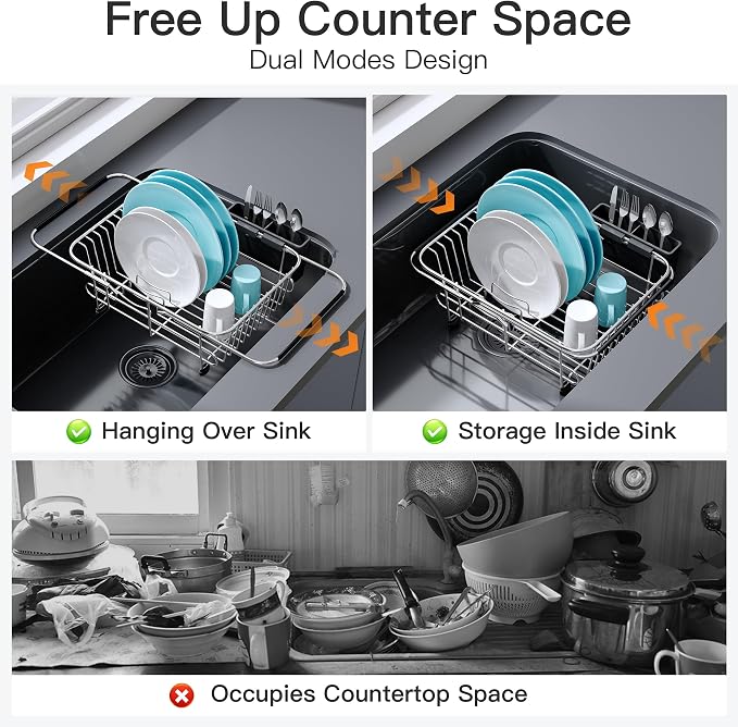 JASIWAY Sink Small Dish Drying Rack with Utensil Holder, for RV, Apartment | Over Sink Expandable Stainless Steel Dish Drainers for Compact Kitchen, Space Saving, Fast Drain, Rustproof, For 1-2 people