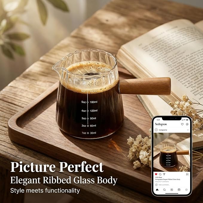 6 oz Espresso Cups With Wood Handle, Espresso Accessories, Ribbed Milk Frothing Pitcher, Glass Measuring Cup, Shot Glass with V-Shaped Mouth, Coffee Bar Epresso Shots Cup