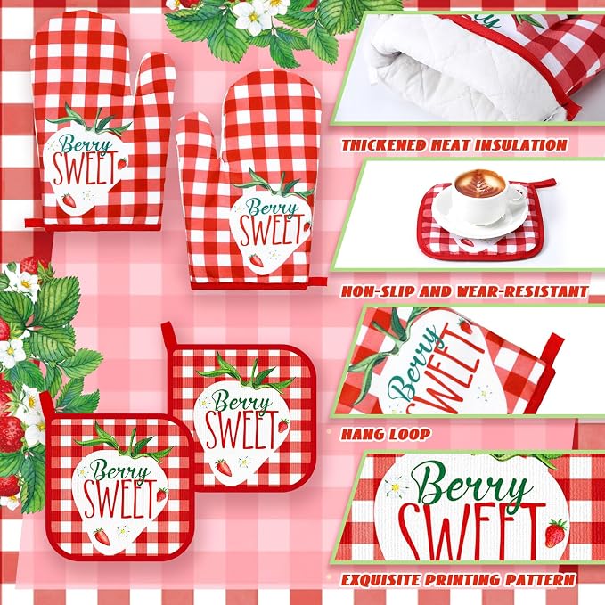 Fourluoo 10 Pcs Strawberry Kitchen Dish Towels Rugs Oven Mitts and Pot Holders Set Farmhouse Kitchen Decor Set for Women Mom Daughter Gift Cooking Baking Grilling (Red and White)