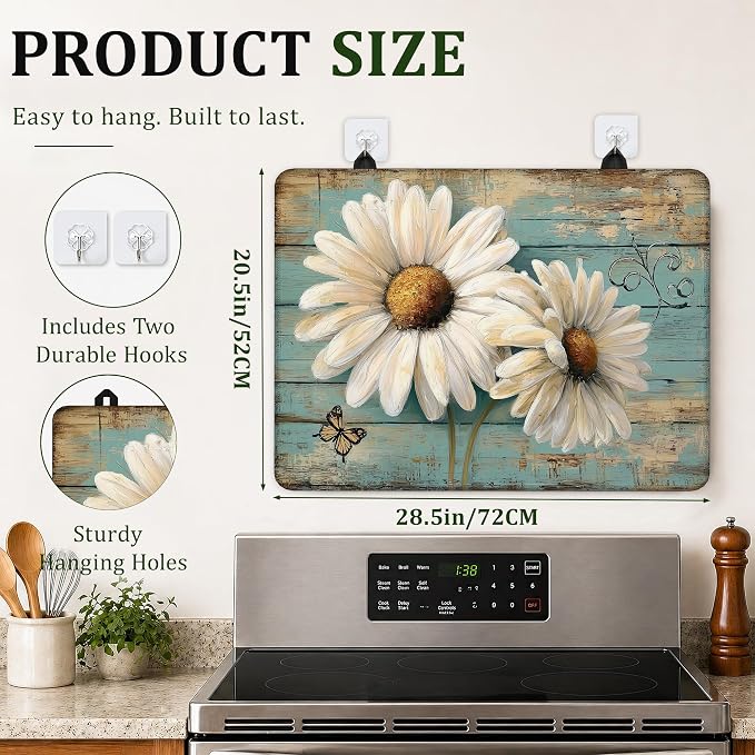Daisy Flower Stove Top Covers for Electric Stove,Vintage Wood Electric Gas Stove Pad Heat Resistant Range Cooktop Protector for Home Decor Kitchen 28.5"x20.5"