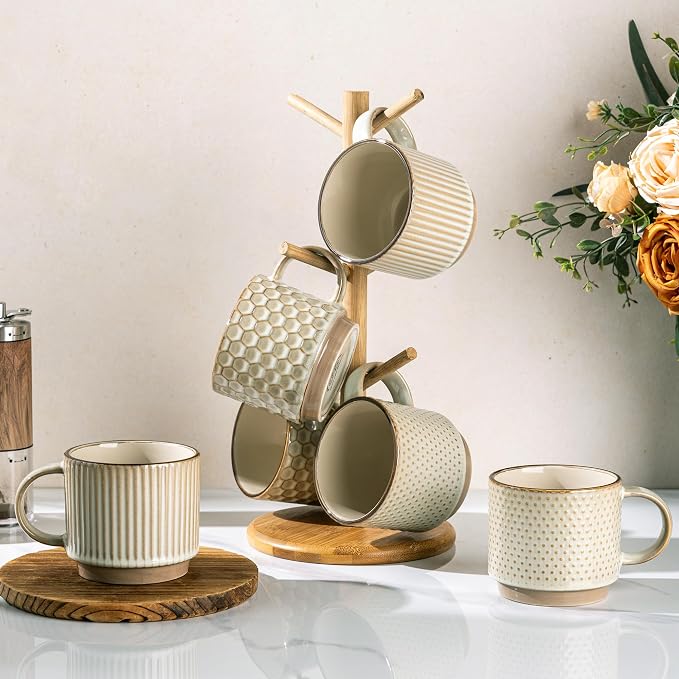 GBhome 12 OZ Stackable Coffee Mugs Set of 6, Ceramic Blue Coffee Cups Set | 3 Assorted Designs, Embossed Mugs with Texture Patterns for Tea/Coffee, Dishwasher&Microwave Safe, Pale Khaki