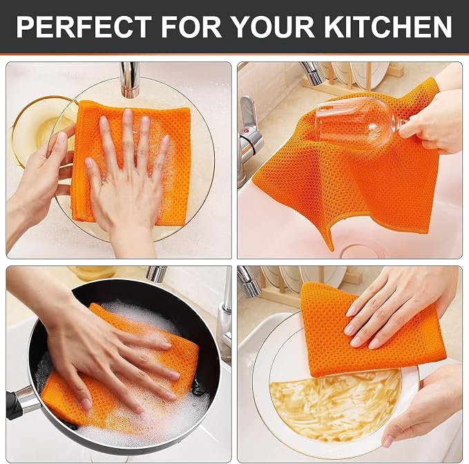 Kitinjoy 100% Cotton Waffle 12-Pack Kitchen Towels, 12" x 12", Orange | Ultra Absorbent, Super Soft, lightweight, Quick Drying Dish Rags for Washing Dishes