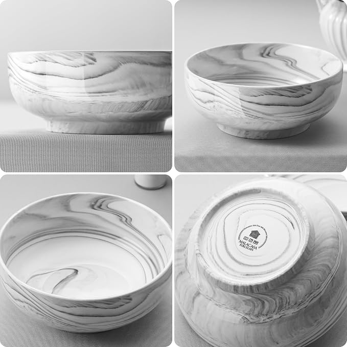 MALACASA Large Serving Bowls, 60 OZ (8") Ceramic Salad Bowls Set of 2 | Marble Grey Bowls for Kitchen, Soup, Pasta, Dinner, Porcelain Bowls Set for Entertaining, Microwave & Dishwasher Safe