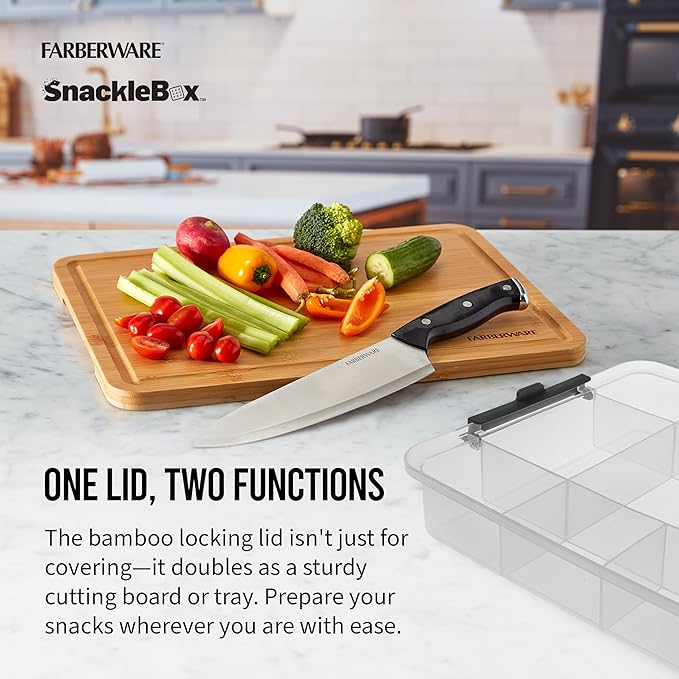 Farberware Snacklebox 11x16 Inch Bamboo Cutting Board Lid with 11-Compartment PP Snack Box, Locking Handles for Travel - Charcuterie Board with Lid for Picnics, Road Trips, and Outdoor Entertaining