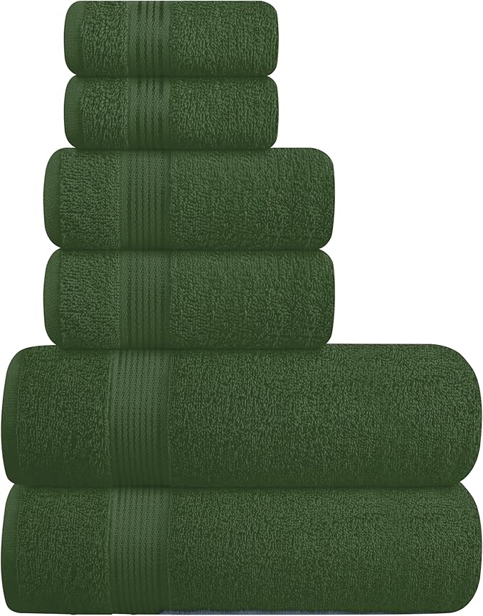 Ultra Soft 6 Pack Cotton Towel Set, Contains 2 Bath Towels 28x55 inch, 2 Hand Towels 16x24 inch & 2 Wash Coths 12x12 inch, Ideal Everyday use, Compact & Lightweight - Olive Green