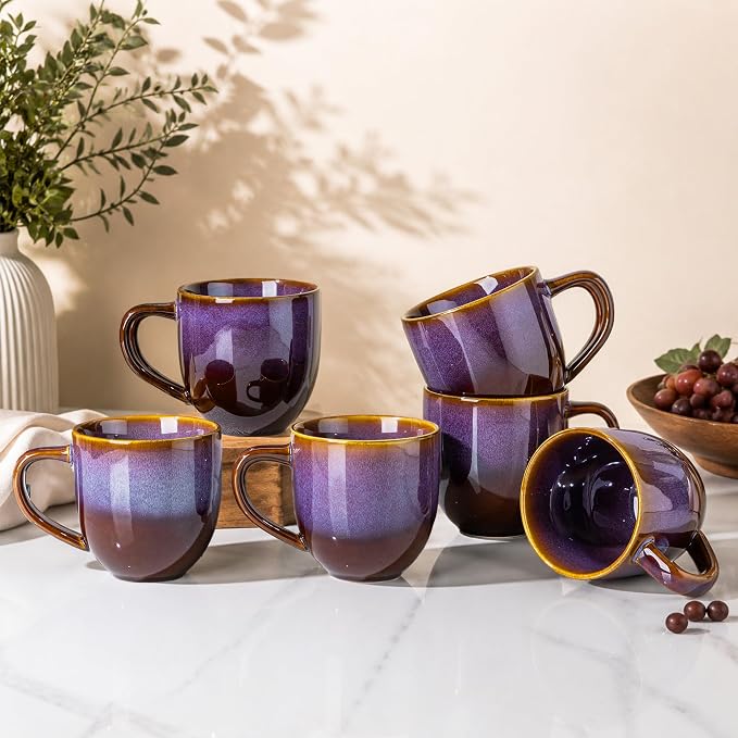 theterra Ceramic Coffee Mugs Set of 6, 12 oz Coffee Cups with Handle | Handmade, Suitable for Latte, Tea, Milk, Beer & Hot Cocoa, Amber Amethyst