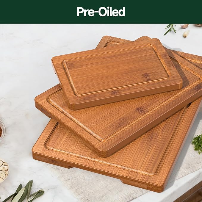 3-Piece Set Deep-Carbonized Bamboo Cutting Board for Kitchen, Carbonized | Crack-Resistant Wood Chopping Boards with Deep Juice Grooves, Pre-Oiled Butcher Block for Meat, Vegetables & Cheese
