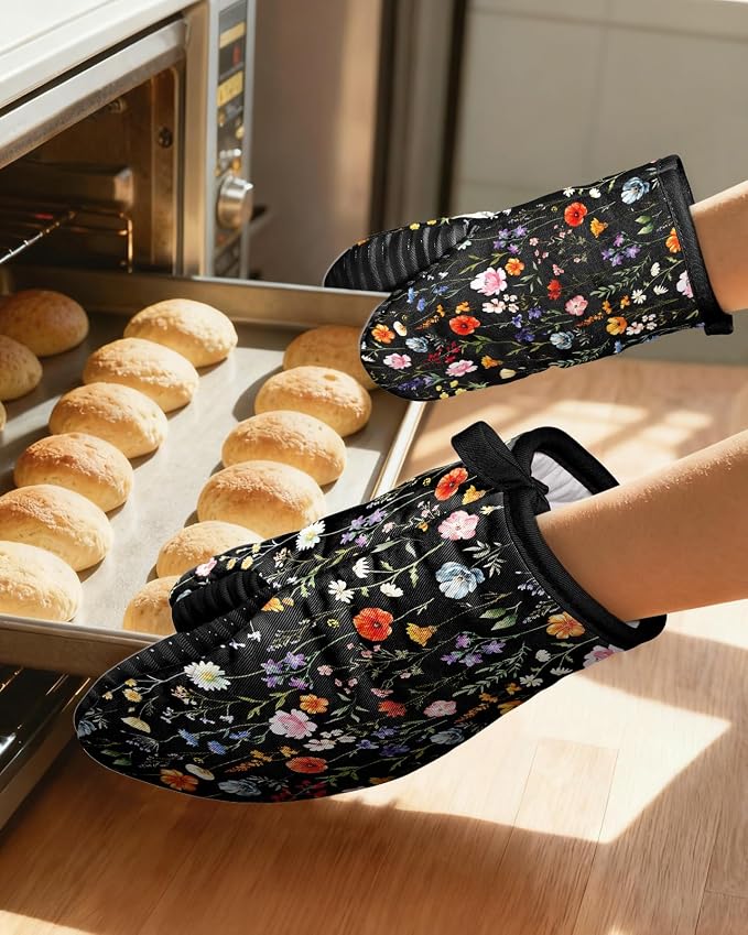 100% Thick Cotton Mini Oven Mitts Silicone Grip Colorful Floral | Elegant Classic Oven Mitts for Women, Machine Washable, Non-Slip, Reversible Design Fits Both Hands, Stylish Kitchen Decor