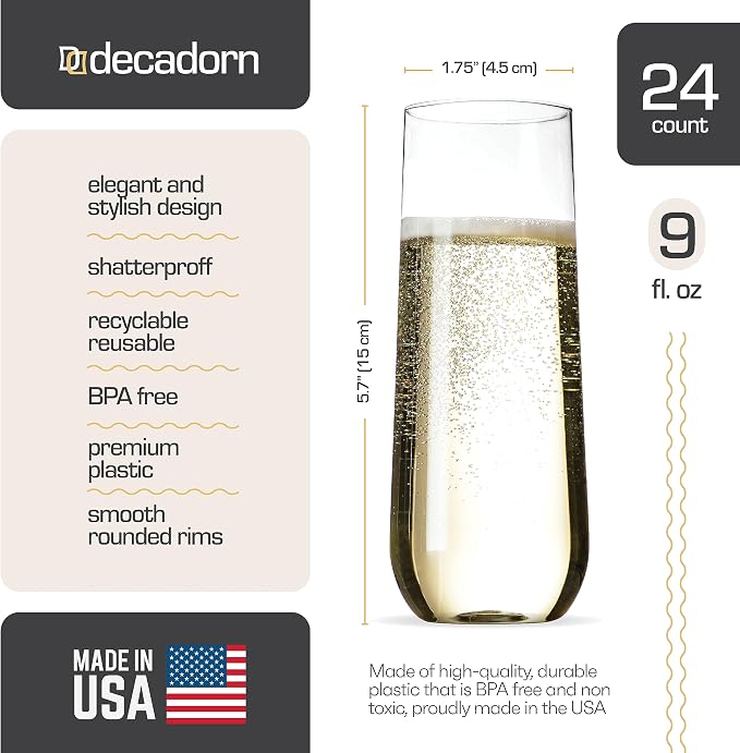 DECADORN Clear Stemless Champagne Flutes Plastic 24 Pack, Made in USA, 9oz Plastic Champagne Glasses - Durable and Sturdy Mimosa Glasses For Parties - Shatterproof, Recyclable, BPA-Free, Smooth Rims