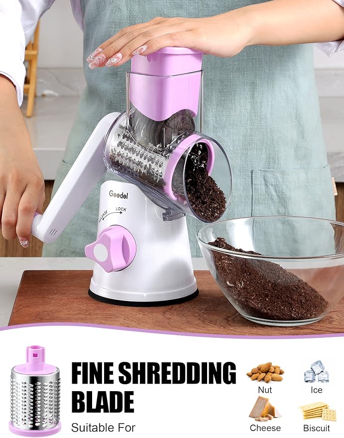 Geedel Rotary Cheese Grater Hand Crank, Cheese Shredder Vegetable Slicer | 3 Blades, 430 Stainless Steel, 12x Fast Cutting, Strong Suction Base, No BPA, Dishwasher Safe, for Cheese, Veggie, Nut