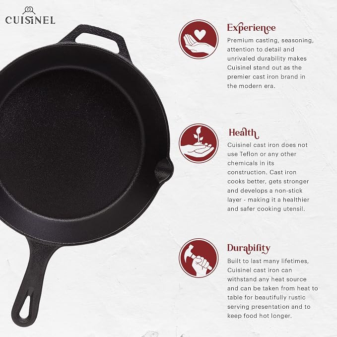 Cuisinel Cast Iron Skillets Set + Glass Lids - 8"+10"+12"-Inch Frying Pans + Silicone Handle Holder Covers - Pre-Seasoned Oven Safe Cookware - Indoor/Outdoor Use - Grill, Stovetop, Camping Fire Safe