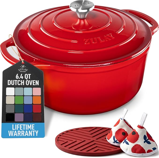 Zulay Kitchen 6.4QT Enameled Cast Iron Dutch Oven Pot with Lid, Heat Pad & Trivet, Heavy-Duty Soup Pot for Stews, Braising, Roasting & Sourdough Bread Baking, Oven Safe up to 500°F - Ablaze Red